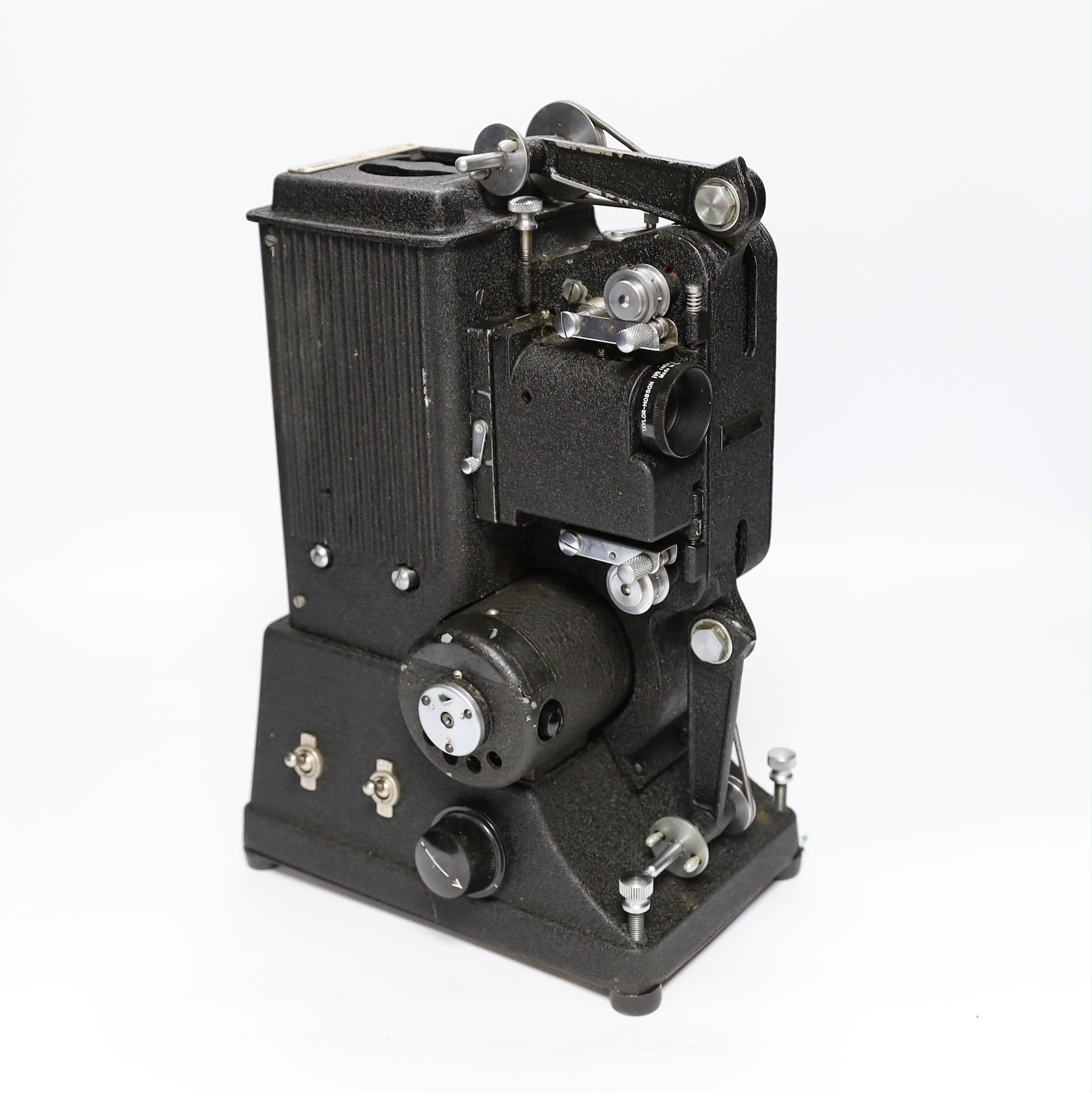 A Specto 9.5mm cine film projector in a leather case, case 32cm x 38cm x 18cm